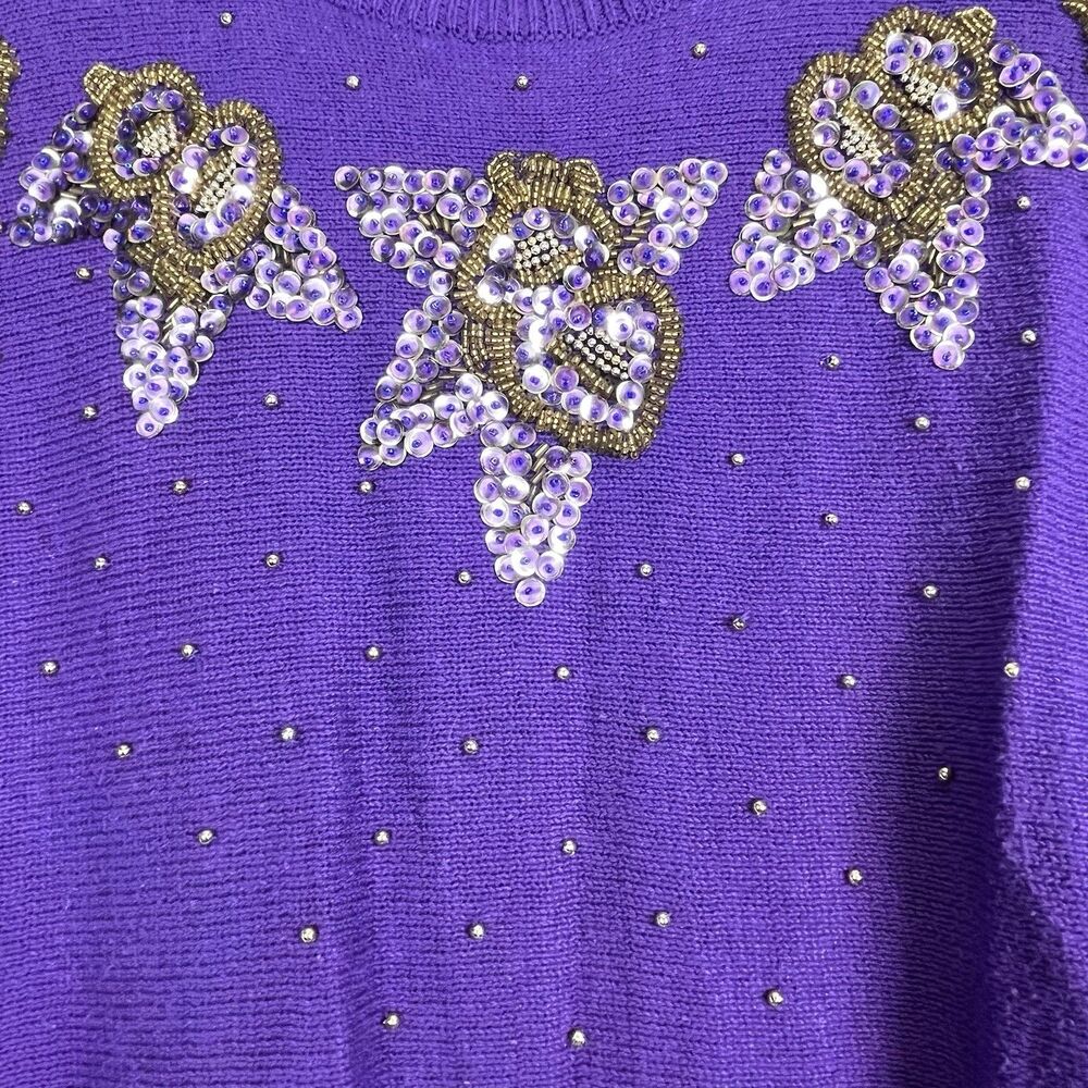 Vintage Dana Scott Amethyst Beaded Sweater Floral Knit Women S - Picture 5 of 16